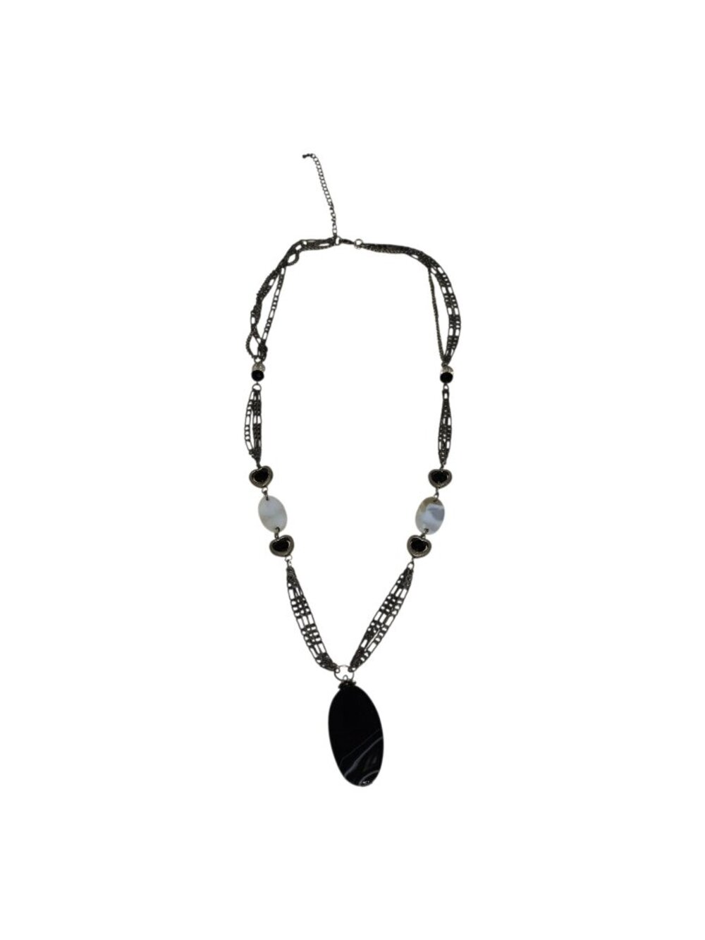 Vintage Statement Multi Strand Necklace Black Pendant White Accent 18-20”